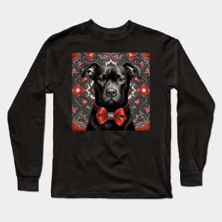 Black Staffy And Red Roses Long Sleeve T-Shirt